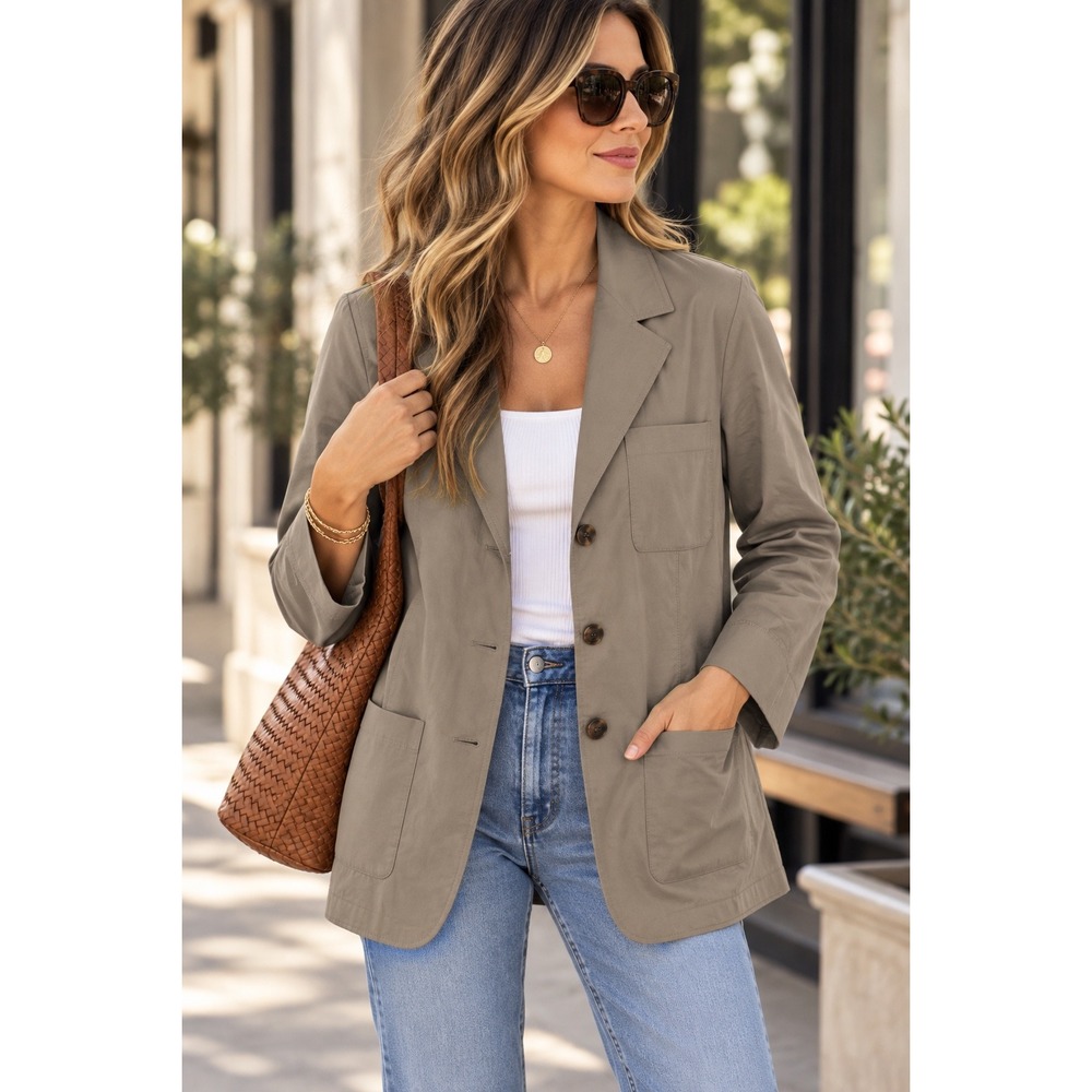 Lafayette 148 New York Cotton Utility Blazer Jacket Taupe Brown Medium